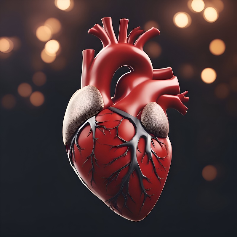 Human heart on dark background with bokeh. 3d illustration