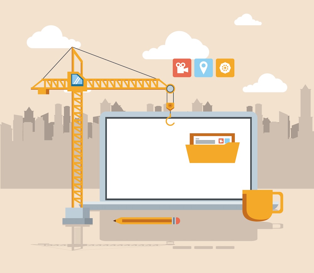 technology device maintenance support concept laptop under website construction with crane cartoon vector illustration graphic design