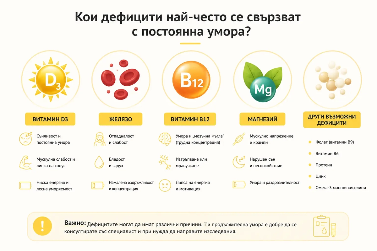 Графика за дефицити, свързани с постоянна умора и липса на енергия – витамин D3, желязо, витамин B12 и магнезий